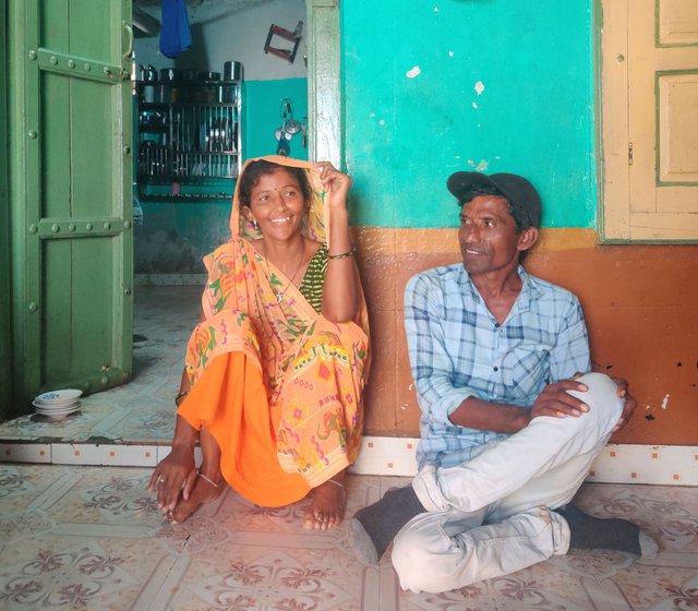 Vaghela's daugher-in-law Nanuben and son Dinesh at their home in Ramdevpur village