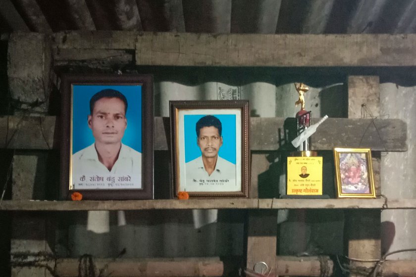 Right: Framed photos of Santosh (left), and Bandu along with a cricket trophy won by Guru and a deity they worship.
