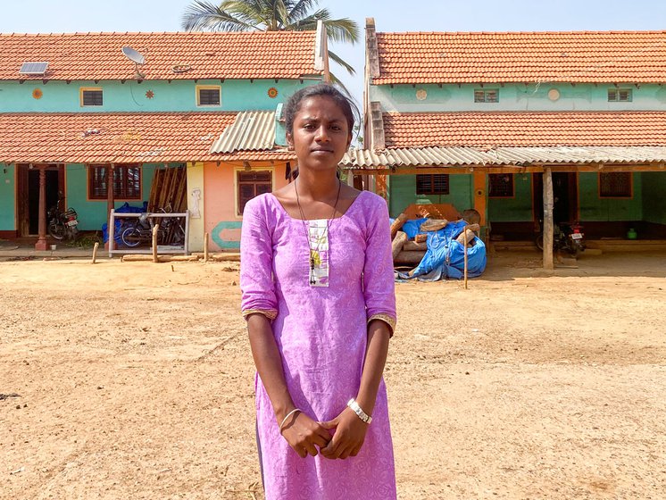 Anganwadi worker Ratnamma (name changed at her request; centre) with Girigamma (left) in Sathanur village, standing beside the village temple. Right: Geeta Yadav says, 'If I go to work in bigger cities in the future, I’ll make sure I follow this tradition'