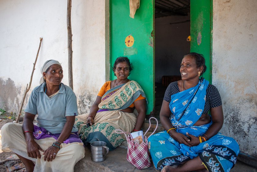 Visalatchi brings a box  (left) from her shed to collect the dried fish. Resting with two hired labourers (right) after lunch. After the Tamil Nadu government enforced a ban on ring seine fishing in 2020, her earnings declined steeply and she had to let go her workers