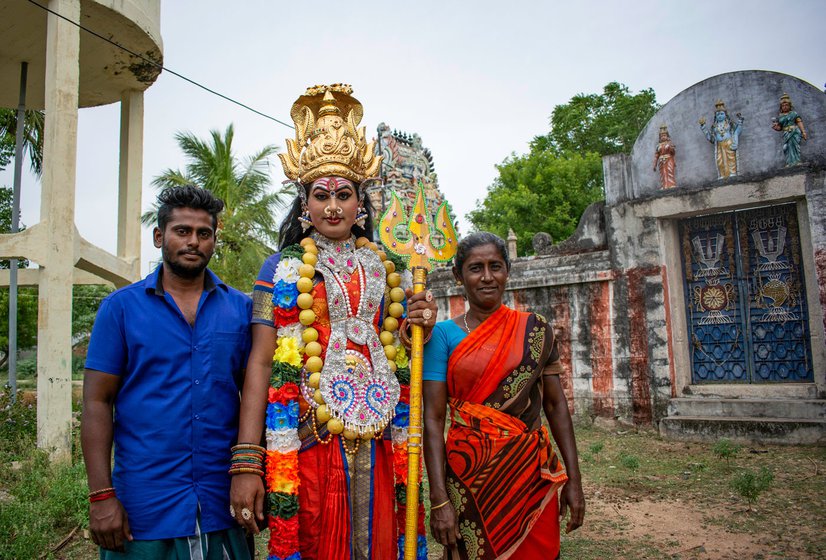 Left: Varsha at her home in Pudukkottai district. Behind her is a portrait of her deceased father P. Karuppaiah, a daily wage farm labourer. Right: Varsha dressed as goddess Kali, with her mother K. Chitra and younger brother K. Thurairaj, near the family's house in Viralimalai