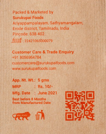The biodegradable sachets in which Akshaya sells turmeric under her Surukupai Foods brand. She says she learnt the importance of branding and packaging early in her entrepreneurial journey