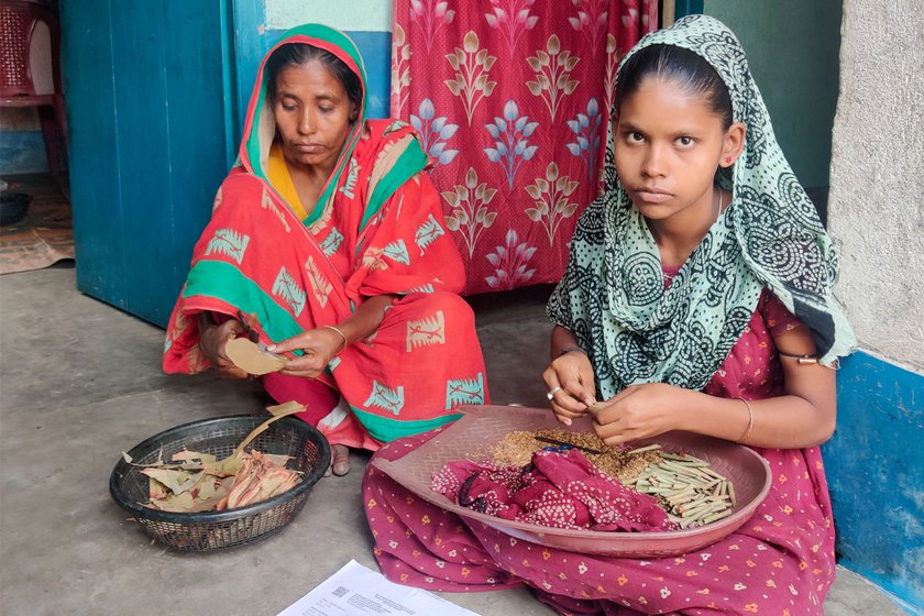 Selina Khatun with her mother Tanjila Bibi rolling beedis in their home in Darjipara. Tanjila's husband abandoned the family; her son is a migrant labourer in Odisha. The 18-year-old Selina had to drop out of school during lockdown because of kidney complications. She is holding up the scans (right)