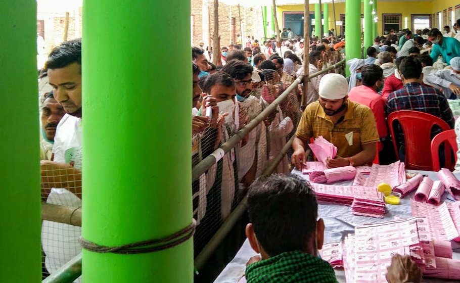 Bareilly (left) and Firozabad (right): Candidates and supporters gathered at the counting booths on May 2; no distancing or Covid protocols were in place