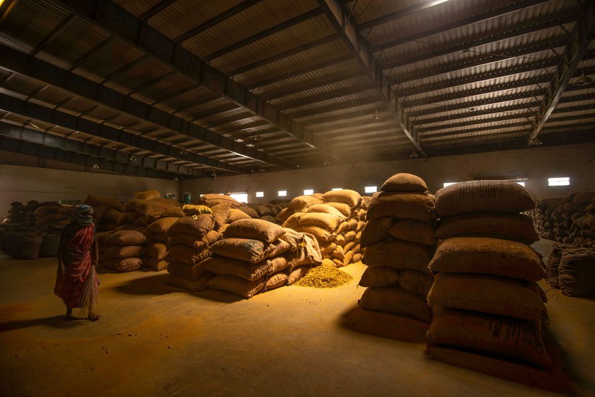 Inside the storage yard of the Perundurai regulated market.