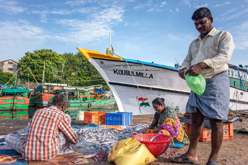 Visalatchi and her husband Sakthivel (standing) and a worker cleaning and drying fish