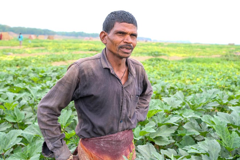 Left: Shatrughan Nishad in front of his farm.