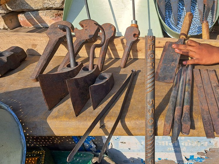The sieves, rakes and scythes on display at the family shop. They also make wrenches, hooks, axe heads, tongs and cleavers