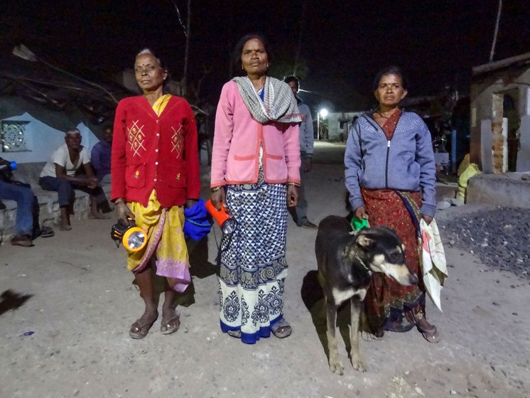 Right: Shakuntala Gopichand Nannaware, Shobha Indrapal Pendam, and Parbata Tulshiram Pendam, all in their 50s, heading for their farms for night vigil (right to left)