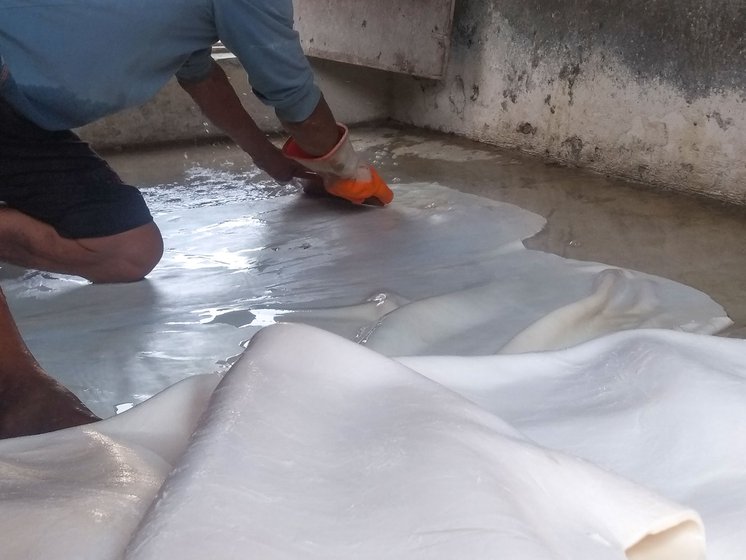 Right: A craftsperson does the sutaai (scraping) on a puttha with a khaprail ka tikka (brick tile). After this the hides will be soaked in water pits with phitkari (alum) and salt