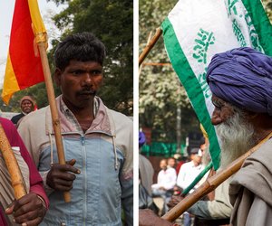 Left: Pausing, as I take a picture, their faces weary, yet determined.

Right: An elderly farmer from Punjab walks slowly, his back bent slightly as he shoulders the weight of the flag and his belongings.
