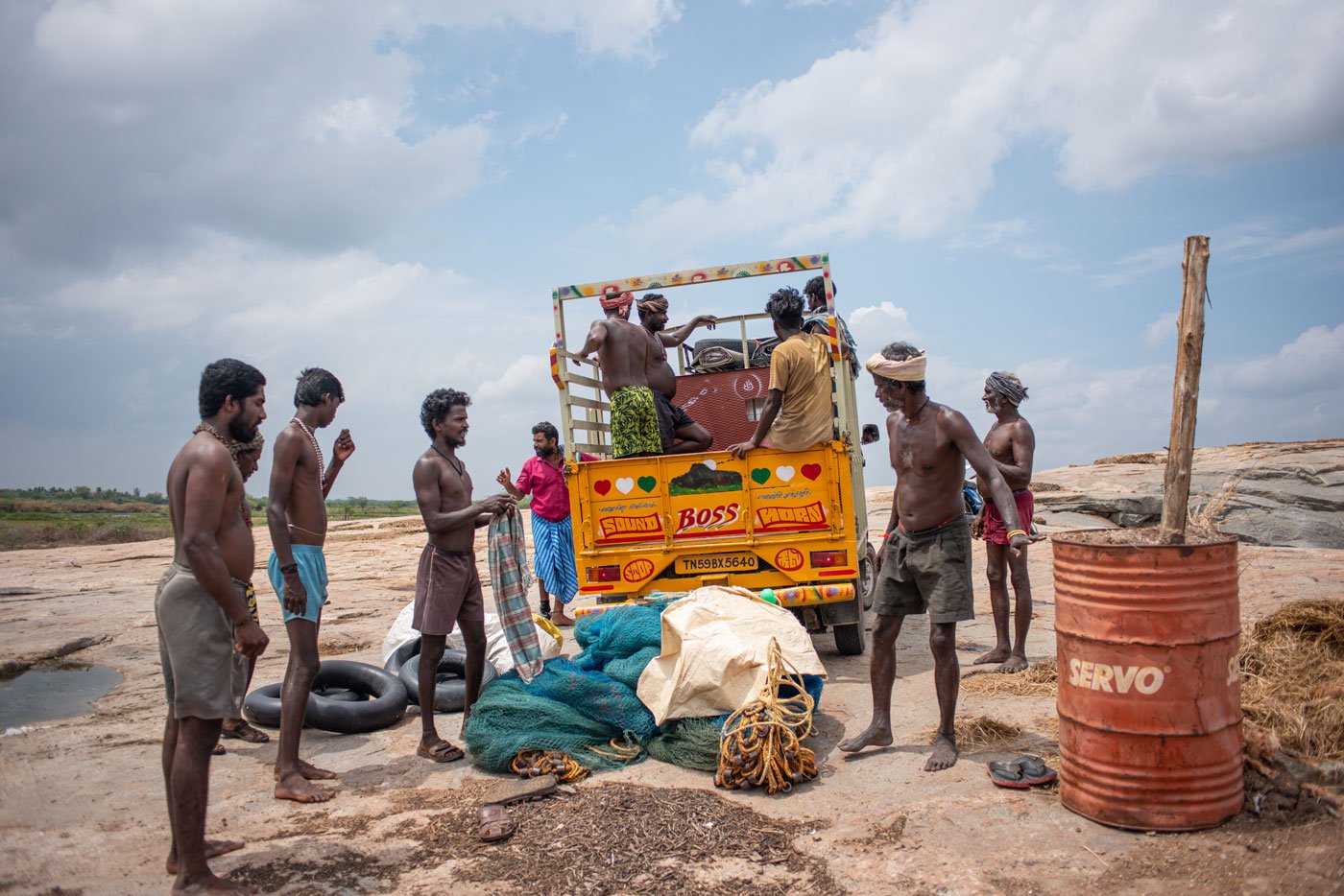 Fishermen readying for action at the lake in Kunnathur, north Madurai. They have rented a mini truck to carry all the equipment they require