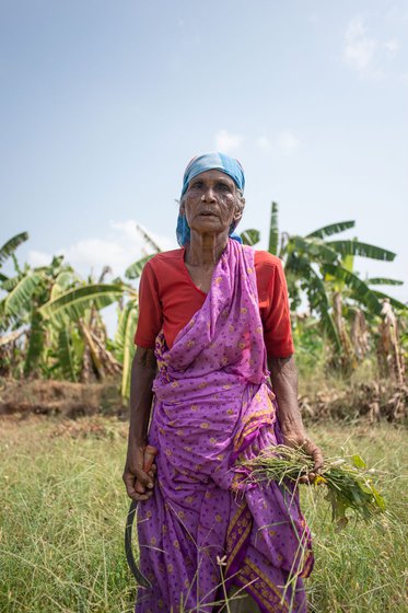 Left: Mariyaayi works as a labourer, and also sells tulasi garlands near the Srirangam temple.