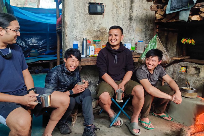 In the camp in Bongpu Blangsa, Umesh, Dorjee Bachung, Micah and Dambar having their evening tea (right)