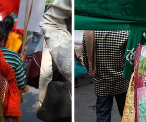 Left: A protestor has brought her baby along for this historic march. Fast asleep, the baby is blissfully unaware of all the noise.

Right: A farmer marches with his belongings; the bag of ‘Super Moti’ paddy t promises ‘increased yield’. 
