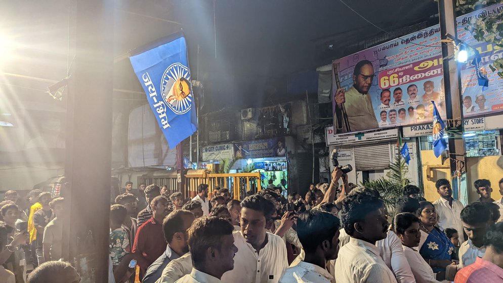 Blue flags with 'Jai Bhim' written on them are seen everywhere during the rally