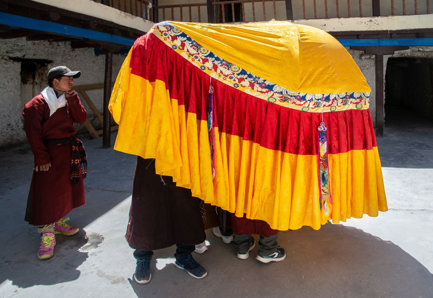 The monks at the monastery in Hanle prepare a big umbrella, known as ' Utuk ' for the Saga Dawa ceremony