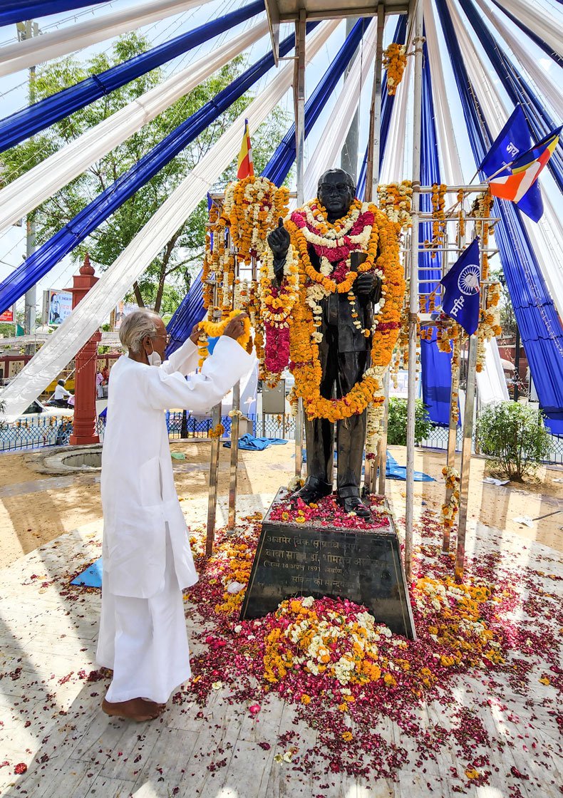 Shobharam Gehervar garlands the statue in Ajmer, of one of his two heroes, B. R. Ambedkar, on his birth anniversary (Ambedkar Jayanti), April 14, 2022