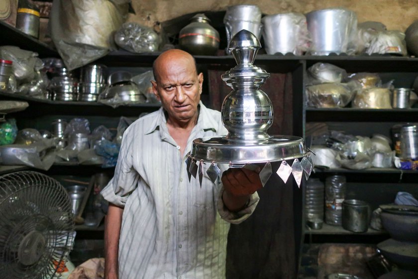 As people now prefer materials like steel, thatheras have also shifted from brass to steel. Kewal Krishan shows a steel product made by his son Sunil.