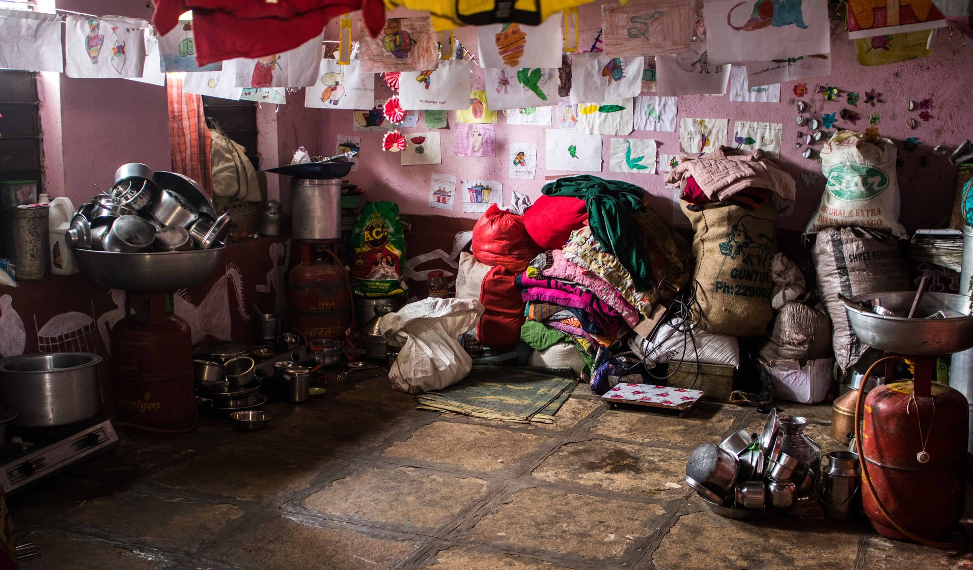 Relief camp in the local school where farmers kept their belongings