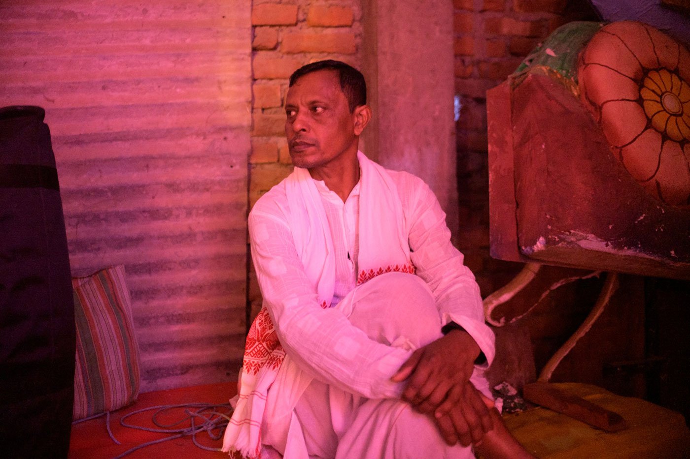 Backstage at the Garamur Saru Satra auditorium, Dutta waits for his Gayan-Bayan performance to begin