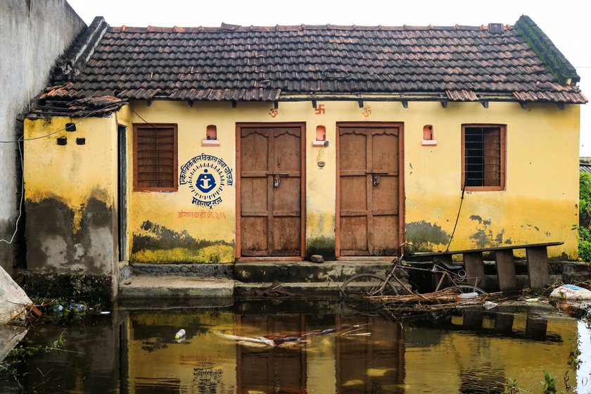 An anganwadi in Kolhapur’s Shirati village surrounded by water from the August 2019 floods