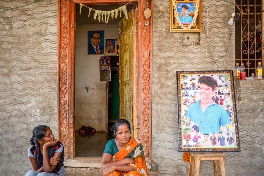 Left: Kumari's son Munivel was 20 years old when he died in the explosion. His photo, like all the other deceased, is displayed outside their home.