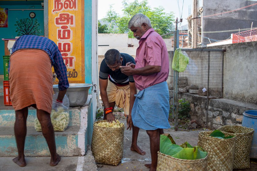 Left: The jasmine flowers being packed in palm leaf baskets in Thovalai.