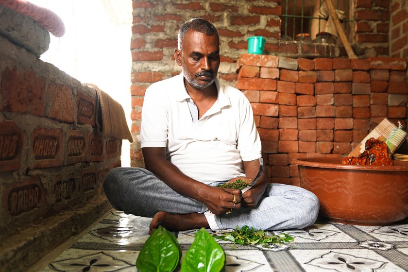 Ranjit Chaurasia’s mother (left) is segregating betel leaves. A single rotting leaf can damage the rest when kept together in storage for 3-4 months. 'You have to wrap them in wet cloths and keep them in a cool place, and check daily if any leaves are rotting and immediately remove them or it will spread to other leaves,' says Ranjit (right)