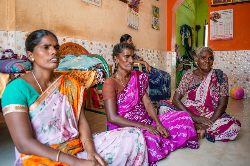 Right: Sahayapurani and her daughters talk to PARI about the Karuvadu trade