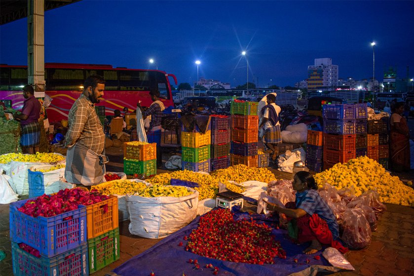 Left: An early morning at the flower market, when it was functioning behind the Mattuthavani bus-stand in September 2021, due to covid restrictions.