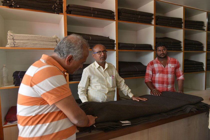 Left: In Mekalmardi village, in an effort to enhance his income, Dastagir Jamdar has been combining jute, leather and wool to improvise bags and other items. Right: Dinesh Seth, shop manager, checks the quality of a blanket. The average price of such blankets in the shops ranges between Rs. 800 and Rs. 1,500, and smaller rugs cost Rs. 400 to Rs. 600. But the demand for Deccani woollens has been steadily falling