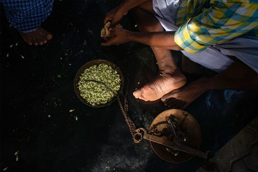 Left: Jasmine in an iron scale waiting to be sold.