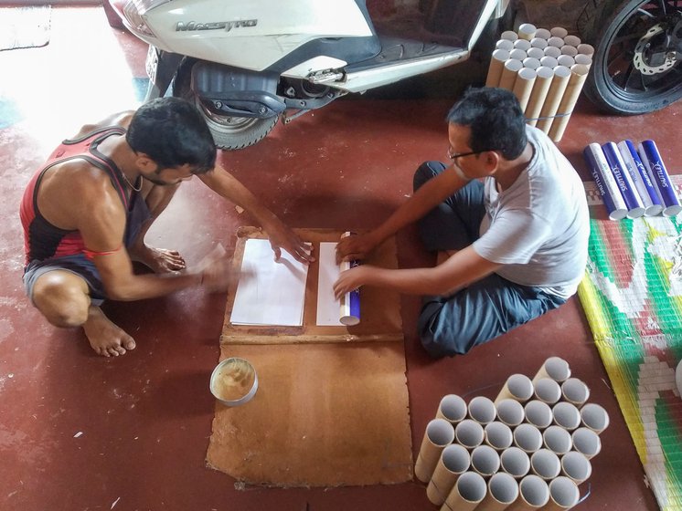 Left: Ranjit and Sanjib paste brand name covers on shuttle barrels.