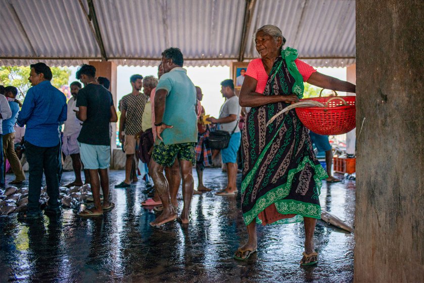 A woman vendor carrying fishes at the Therespuram auction centre on a busy morning. Right: At the main fishing Harbour in Tuticorin, the catch is brought l ate in the night. It is noisy and chaotic to an outsider, but organised and systematic to the regular buyers and sellers