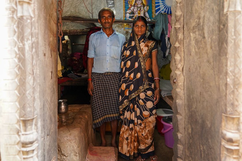 Right: Ajay and his wife Ganga Devi at their house in Dheuri village. The family lost a crop in 2019 to severe cold, and in October 2021 to heavy rains caused by Cyclone Gulab. 'I incurred a loss of around Rs . 2 lakh in both the years combined,' he says