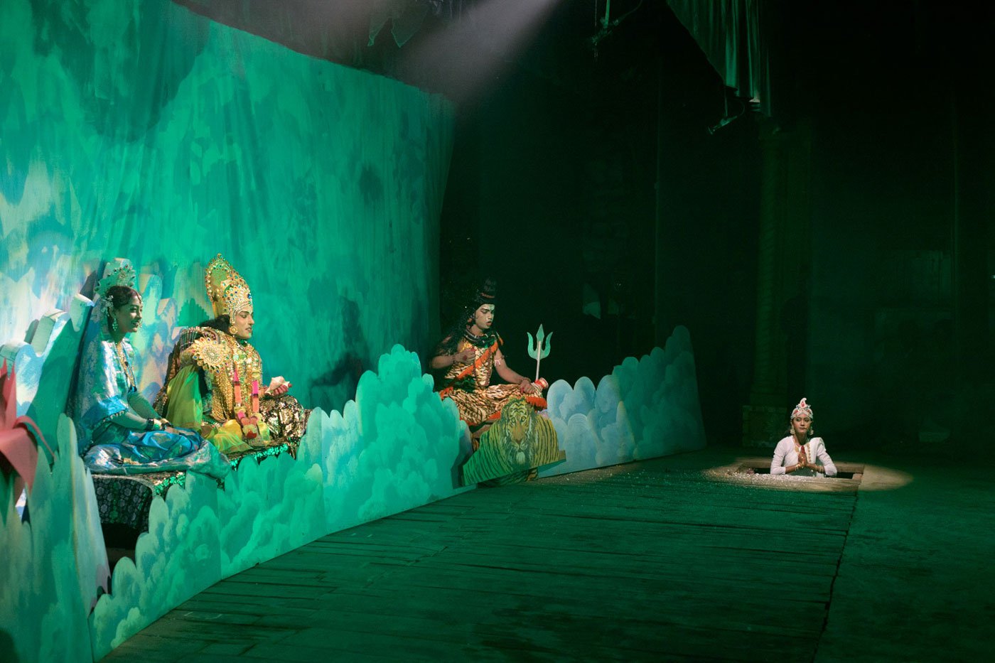In the prastavana – the first scene of the play – Brahma (right), Maheshwara (centre), Vishnu and Lakshmi (left) discuss the state of affairs on earth