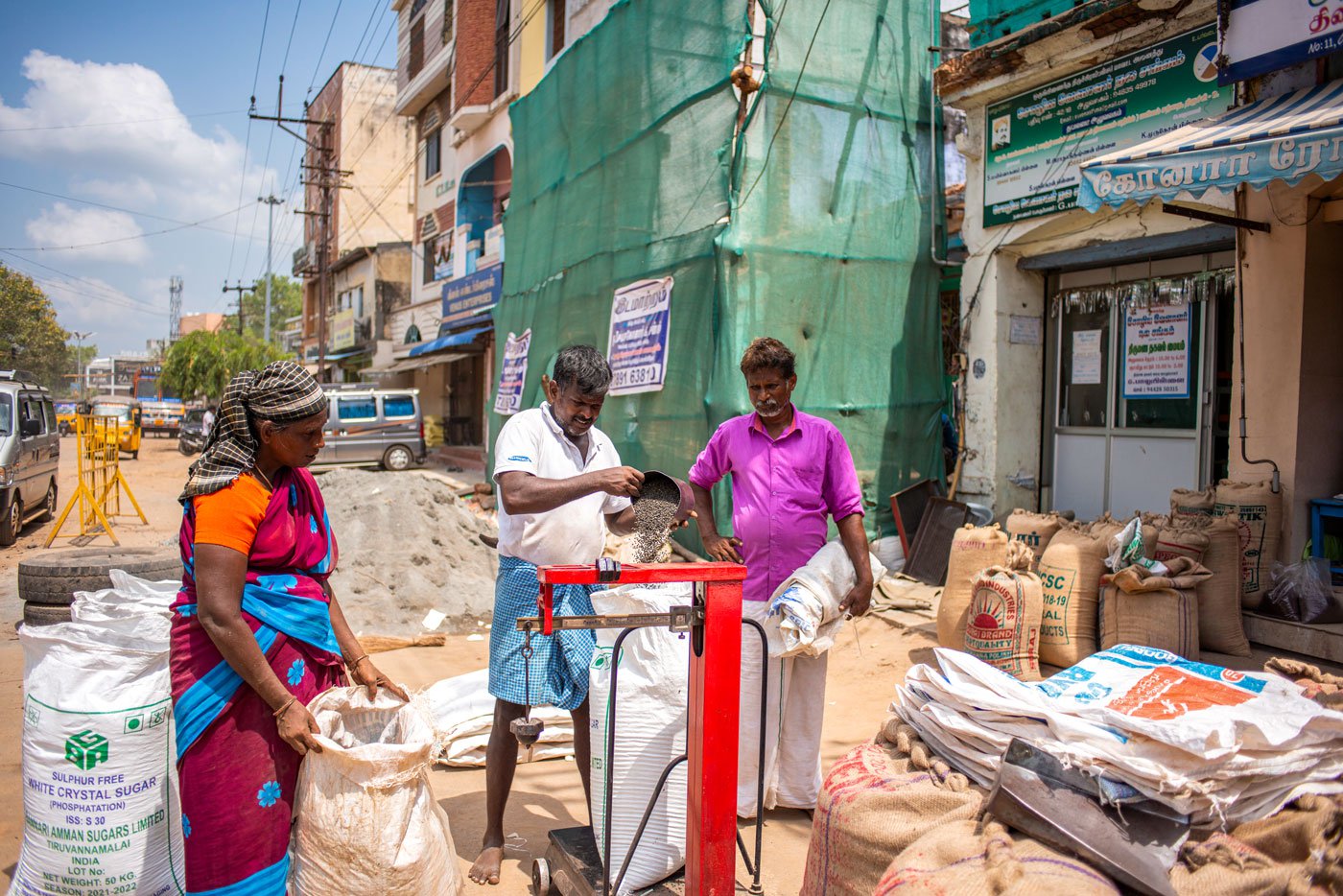Gandhi market in Trichy, Tamil Nadu where sesame and dals are bought from farmers and sold to dealers