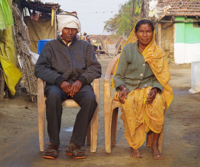Ramchandra Dodake (left), Dadaji and his wife Shakubai (right) bang thalis ( metal plates), shouting at the top of their voices during their night vigils. They will repeat this through the night to frighten away animals