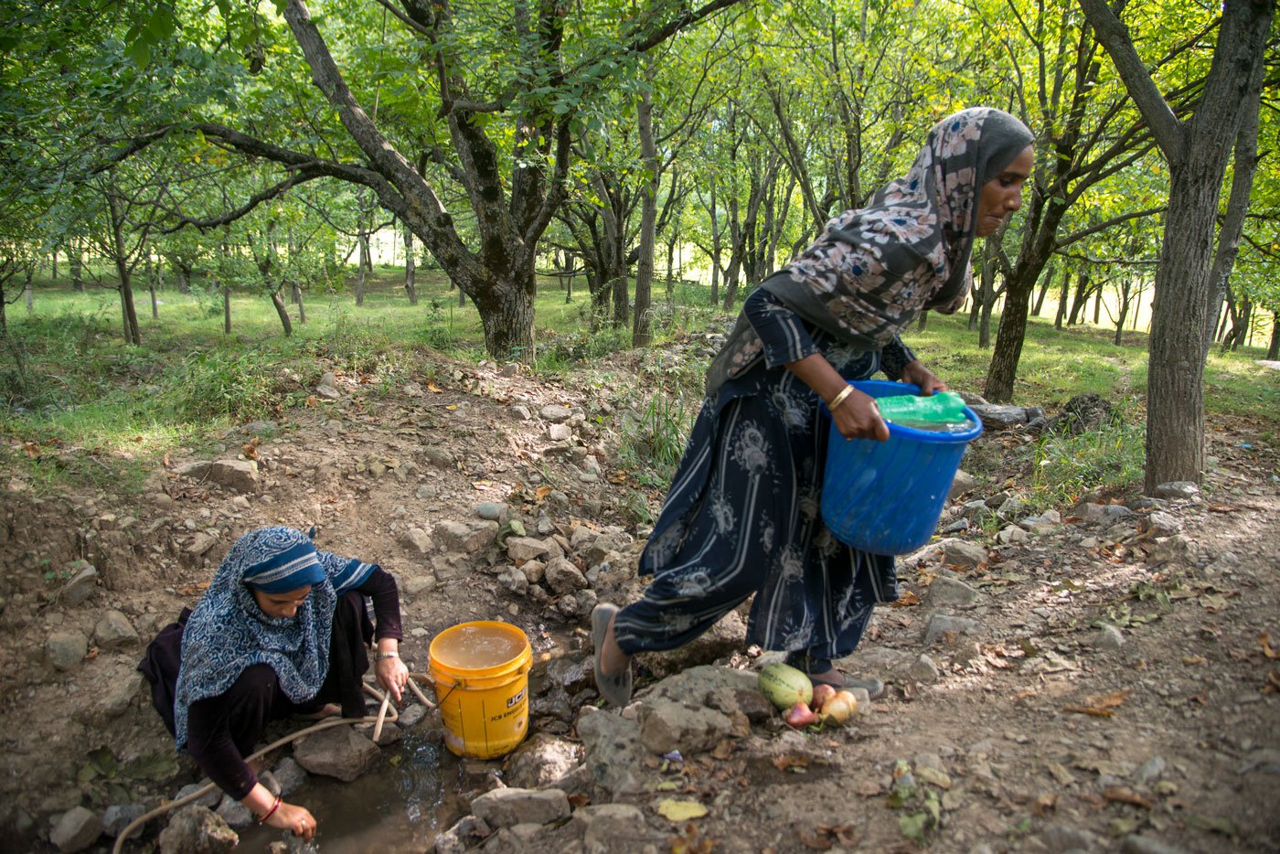 Fetching water for drinking and cooking falls on the Bakarwal women. They must make several trips a day up steep climbs