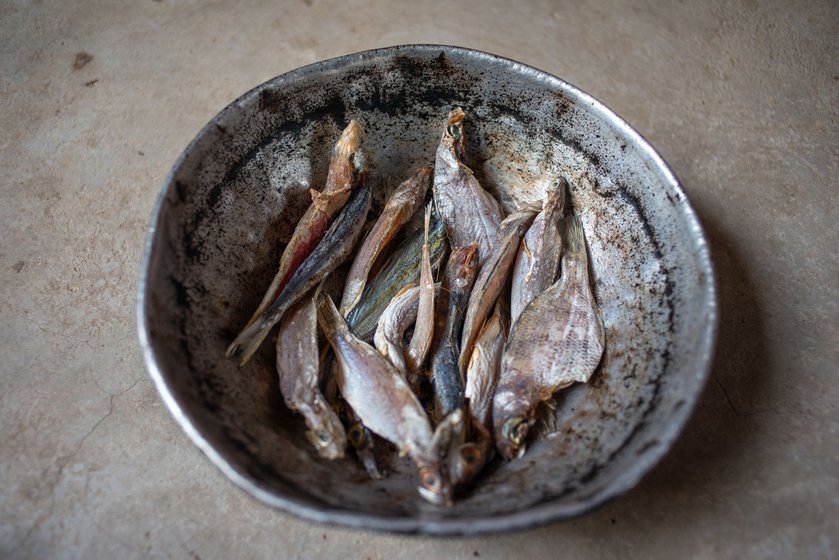 Left: A mixed batch of dry fish that will go into the day's dry fish gravy.