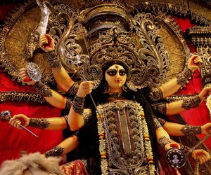 An idol of Ma Durga being readied