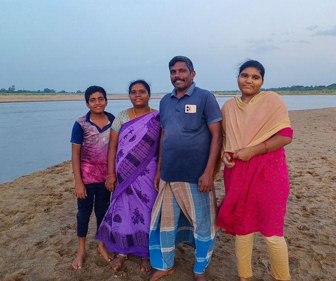 Vadivelan’s time is divided between farming and driving. Seen here (left)with his wife Priya in the shade of a nearby grove and with their children (right)