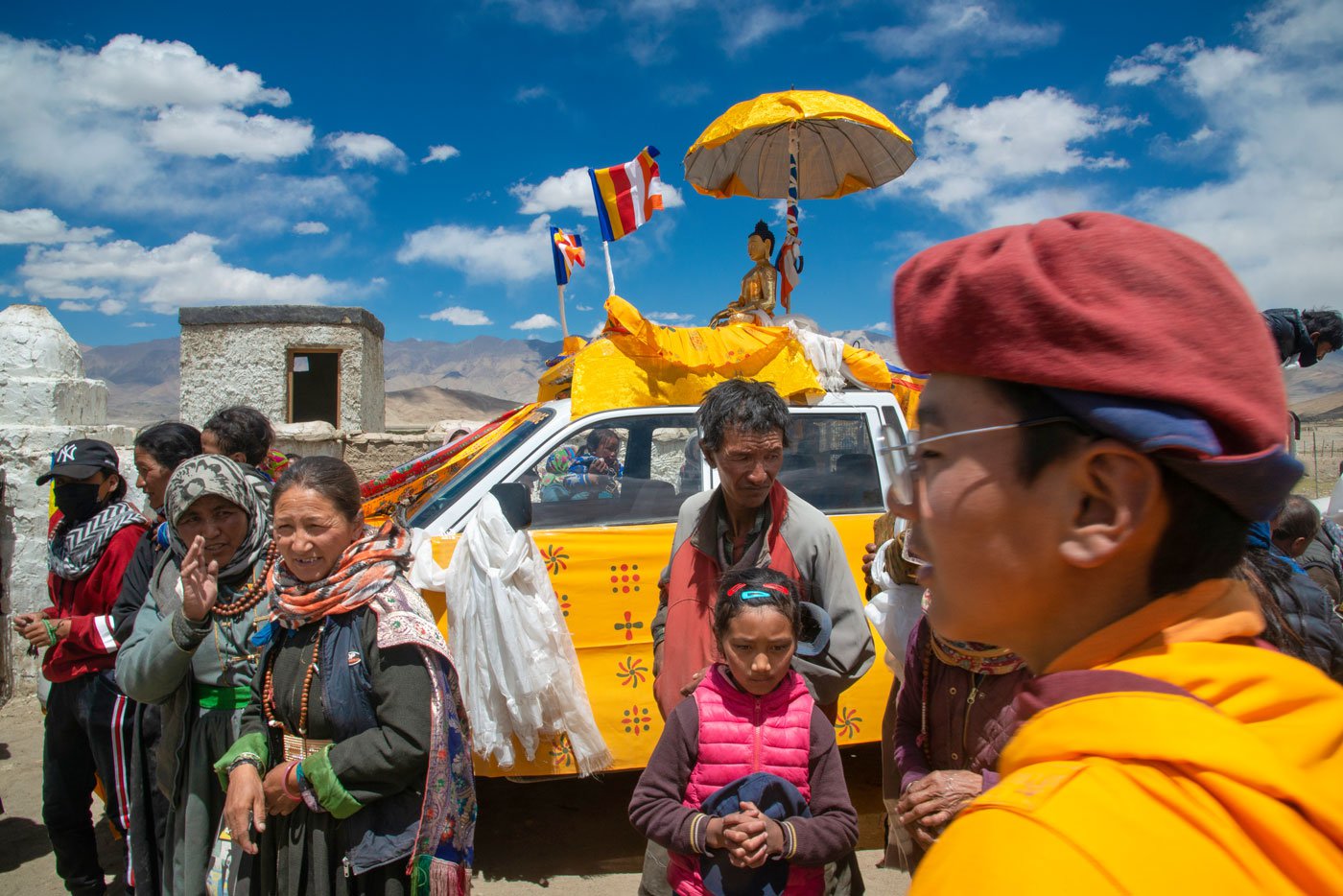 The residents of Shado village gather in Gompa to greet and meet the lamas who have brought holy scriptures