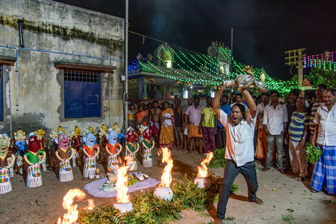 Dilli anna sacrifices a cock as part of the ritual in Ennur Kuppam festival.