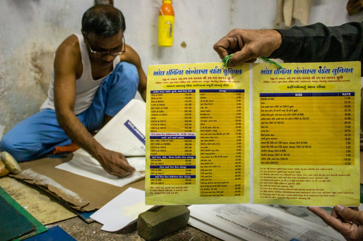 A photo of the document listing the increase in wages of artisan labour between January 1, 2022 to December 31, 2023, prepared after discussion between the two unions, of workers and manufacturers in Ahmedabad. In 2022, cover-craft prices were increased by 6 per cent