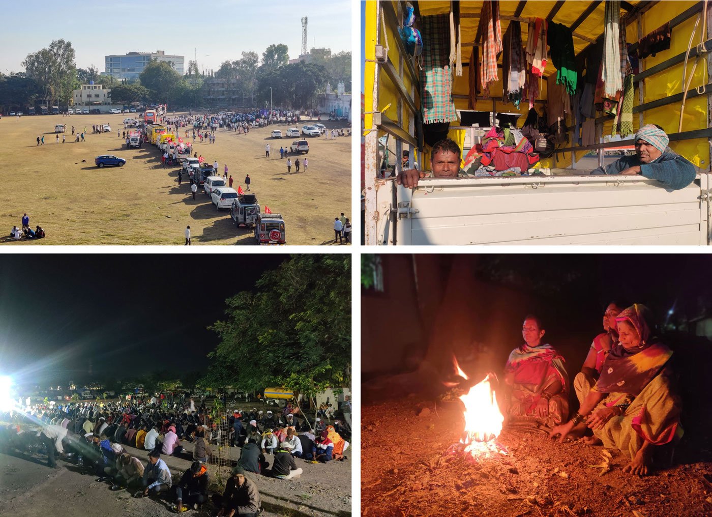 Top left: Left: The vehicles assembled at Golf Club Ground in Nashik. Top right: Farmers travelled in open-back tempos in the cold weather. Bottom: The group had dinner in Chandvad. They lit bonfires to keep themselves warm at night