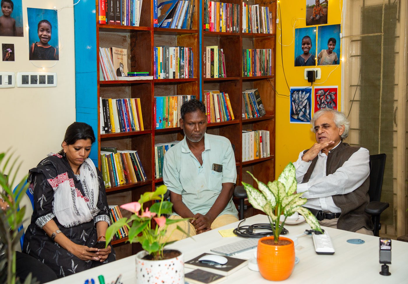 Taken on Palani Studio's opening day, the three pillars of Palani's life in photography: Kavitha Muralitharan, Ezhil anna and P. Sainath. The studio aims to train young people from socially and economically backward communities.