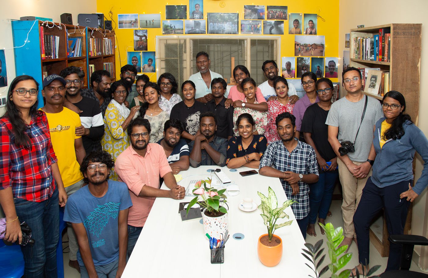 Palani's friends at his studio's opening day. The studio has produced 3 journalism students and 30 photographers all over Tamil Nadu.