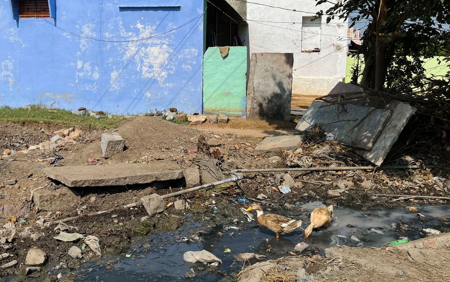 Narsamma indicates the spot marked with rocks (left), where a toilet was to be built three years ago by local officials, but nothing has happened. 'There are no toilets in this SC colony, not even a drain’